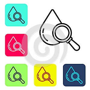 Black line Drop and magnifying glass icon isolated on white background. Set icons in color square buttons. Vector