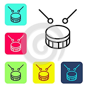 Black line Drum with drum sticks icon isolated on white background. Music sign. Musical instrument symbol. Set icons in