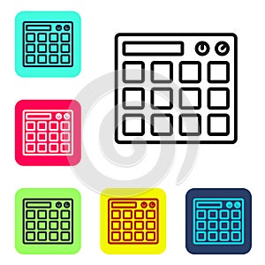 Black line Drum machine music producer equipment icon isolated on white background. Set icons in color square buttons