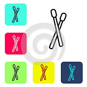 Black line Drum sticks icon isolated on white background. Musical instrument. Set icons in color square buttons. Vector