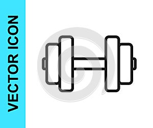 Black line Dumbbell icon isolated on white background. Muscle lifting, fitness barbell, sports equipment. Vector