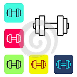 Black line Dumbbell icon isolated on white background. Muscle lifting icon, fitness barbell, gym, sports equipment