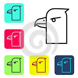 Black line Eagle head icon isolated on white background. Set icons in color square buttons. Vector Illustration