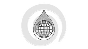 Black line Earth planet in water drop icon isolated on white background. World globe and water drop. Saving water and