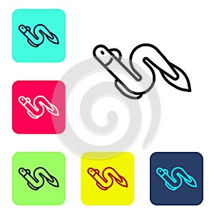 Black line Eel fish icon isolated on white background. Set icons in color square buttons. Vector