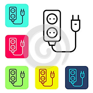 Black line Electric extension cord icon isolated on white background. Power plug socket. Set icons in color square