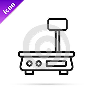Black line Electronic scales icon isolated on white background. Weight for food. Weighing process in store or