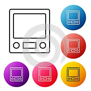 Black line Electronic scales icon isolated on white background. Weight measure equipment. Set icons colorful circle