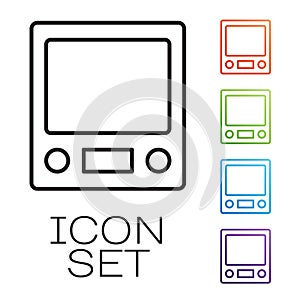 Black line Electronic scales icon isolated on white background. Weight measure equipment. Set icons colorful. Vector