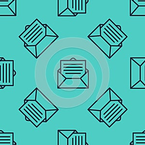Black line Envelope icon isolated seamless pattern on green background. Email message letter symbol. Vector Illustration