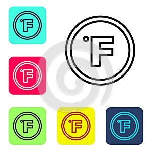 Black line Fahrenheit icon isolated on white background. Set icons in color square buttons. Vector