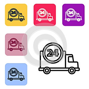 Black line Fast round the clock delivery by car icon isolated on white background. Set icons in color square buttons