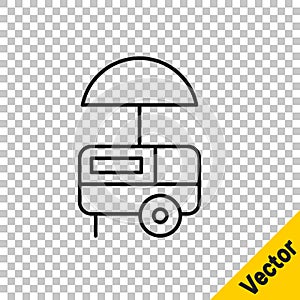 Black line Fast street food cart with awning icon isolated on transparent background. Urban kiosk. Ice cream truck