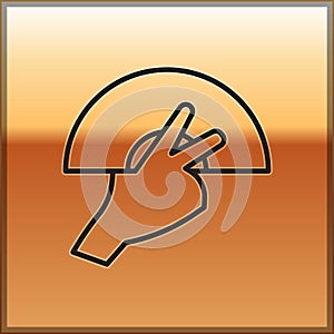 Black line Female hand with open fan flamenco accessory icon isolated on gold background. Vector
