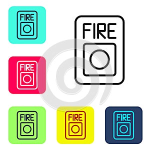 Black line Fire alarm system icon isolated on white background. Pull danger fire safety box. Set icons in color square