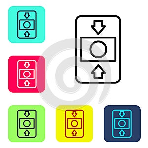 Black line Fire alarm system icon isolated on white background. Pull danger fire safety box. Set icons in color square