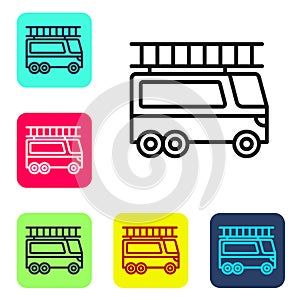 Black line Fire truck icon isolated on white background. Fire engine. Firefighters emergency vehicle. Set icons in color
