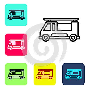Black line Fire truck icon isolated on white background. Fire engine. Firefighters emergency vehicle. Set icons in color