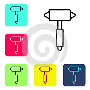 Black line Firefighter axe icon isolated on white background. Fire axe. Set icons in color square buttons. Vector
