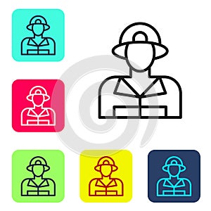 Black line Firefighter icon isolated on white background. Set icons in color square buttons. Vector