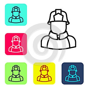 Black line Firefighter icon isolated on white background. Set icons in color square buttons. Vector