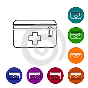 Black line First aid kit icon isolated on white background. Medical box with cross. Medical equipment for emergency