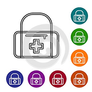 Black line First aid kit icon isolated on white background. Medical box with cross. Medical equipment for emergency