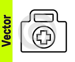 Black line First aid kit icon isolated on white background. Medical box with cross. Medical equipment for emergency. Healthcare