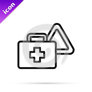 Black line First aid kit and warning triangle icon isolated on white background. Must be in the car. Vector