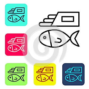 Black line Fish and chips icon isolated on white background. Set icons in color square buttons. Vector