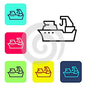 Black line Fishing boat icon isolated on white background. Fishing trawler. Set icons in color square buttons. Vector
