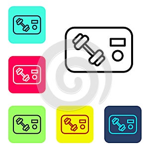 Black line Fitness club, gym card icon isolated on white background. Set icons in color square buttons. Vector