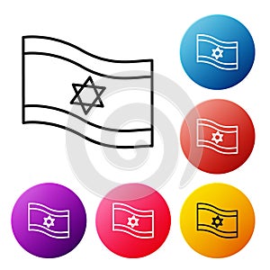 Black line Flag of Israel icon isolated on white background. National patriotic symbol. Set icons colorful circle