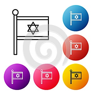 Black line Flag of Israel icon isolated on white background. National patriotic symbol. Set icons colorful circle
