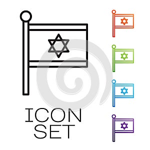 Black line Flag of Israel icon isolated on white background. National patriotic symbol. Set icons colorful. Vector