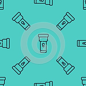 Black line Flashlight icon isolated seamless pattern on green background. Vector