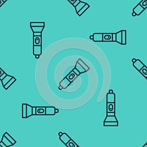 Black line Flashlight icon isolated seamless pattern on green background. Vector
