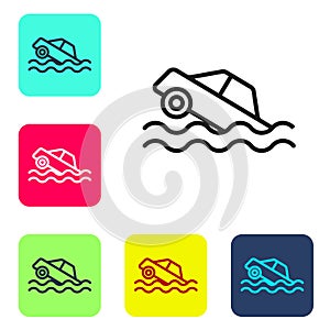 Black line Flood car icon isolated on white background. Insurance concept. Flood disaster concept. Security, safety