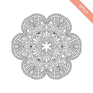 Black line floral  round ornament. Mandala isolated on white background.