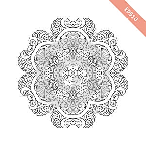 Black line floral  round ornament. Mandala isolated on white background.