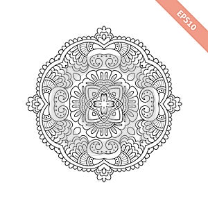 Black line floral  round ornament. Mandala isolated on white background.