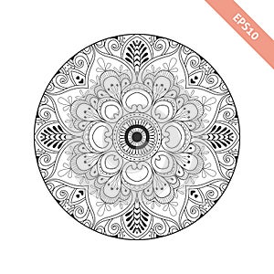 Black line floral  round ornament. Mandala isolated on white background. Background, cover.