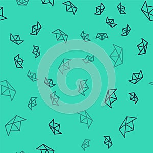 Black line Folded paper boat icon isolated seamless pattern on green background. Origami paper ship. Vector