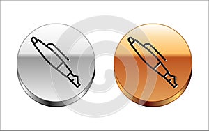 Black line Fountain pen nib icon isolated on white background. Pen tool sign. Silver-gold circle button. Vector