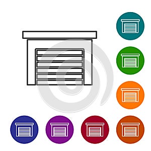 Black line Garage icon isolated on white background. Set icons in color circle buttons. Vector