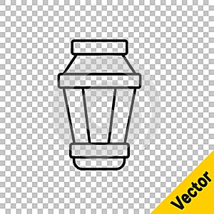 Black line Garden light lamp icon isolated on transparent background. Solar powered lamp. Lantern. Street lamp. Vector