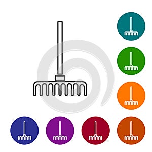 Black line Garden rake icon isolated on white background. Tool for horticulture, agriculture, farming. Ground cultivator