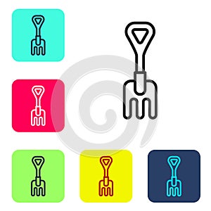 Black line Garden rake icon isolated on white background. Tool for horticulture, agriculture, farming. Ground cultivator