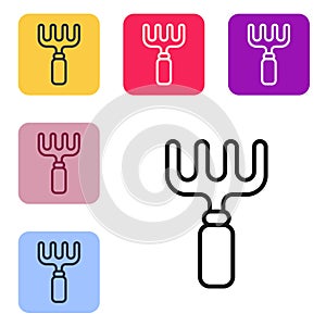 Black line Garden rake icon isolated on white background. Tool for horticulture, agriculture, farming. Ground cultivator