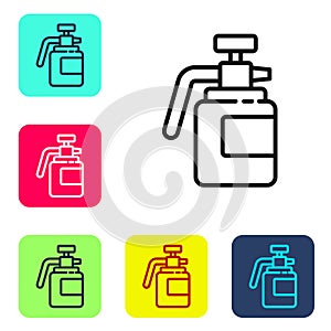 Black line Garden sprayer for water, fertilizer, chemicals icon isolated on white background. Set icons in color square